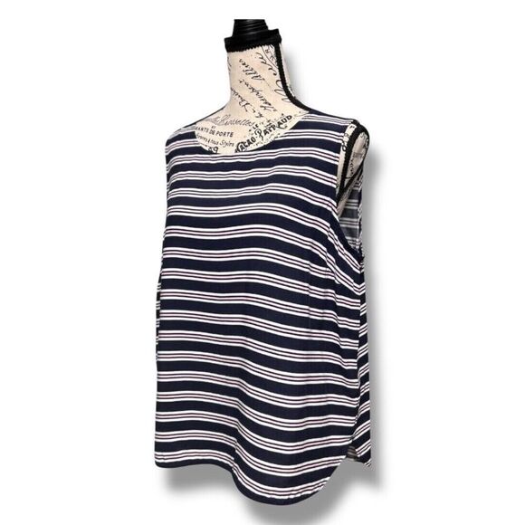 Talbots Petite L Knit Tank Top Navy White Stripe Sleeveless Keyhole Back Blouse - Picture 4 of 8